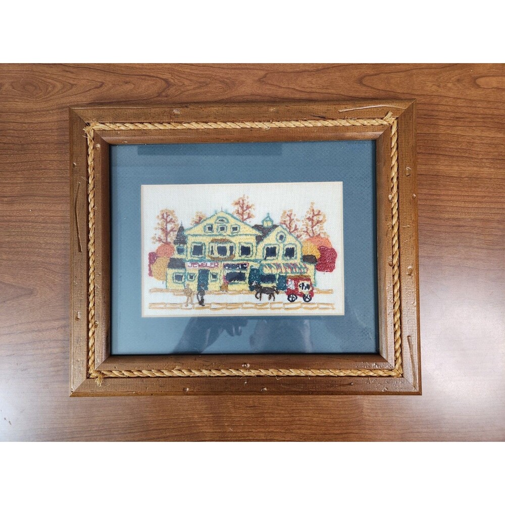 Vintage 1970s Handcrafted Needlepoint Wall Art Country Scene Framed 12.5 X 10.5